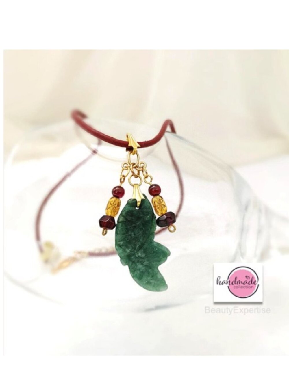 Collar Genuine Green Jade FISH Garnet Leather Cord